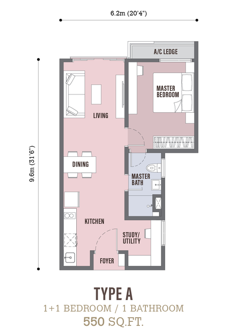 Developer's Type A floor plan: 1+1 bedrooms, 1 bathroom, 550 sq ft — living, dining, kitchen, master bedroom, master bath and study/utility room
