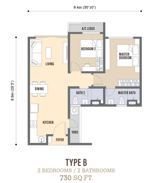 Developer's Type B floor plan: 2 bedrooms, 2 bathrooms, 730 sq ft — living, dining, kitchen, yard and two bedrooms