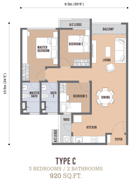 Developer's Type C floor plan: 3 bedrooms, 2 bathrooms, 920 sq ft with balcony; master and second bedroom side by side, third bedroom near the kitchen