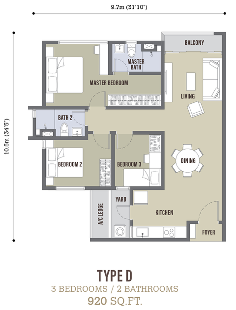 Developer's Type D floor plan: 3 bedrooms, 2 bathrooms, 920 sq ft with balcony; master bedroom and bath at the top, bedrooms 2 and 3 below near the kitchen