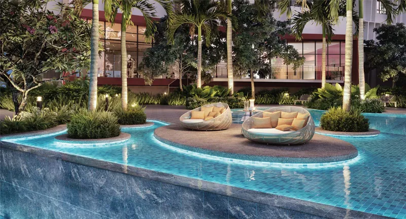 Developer rendering: floating lounge in the infinity pool