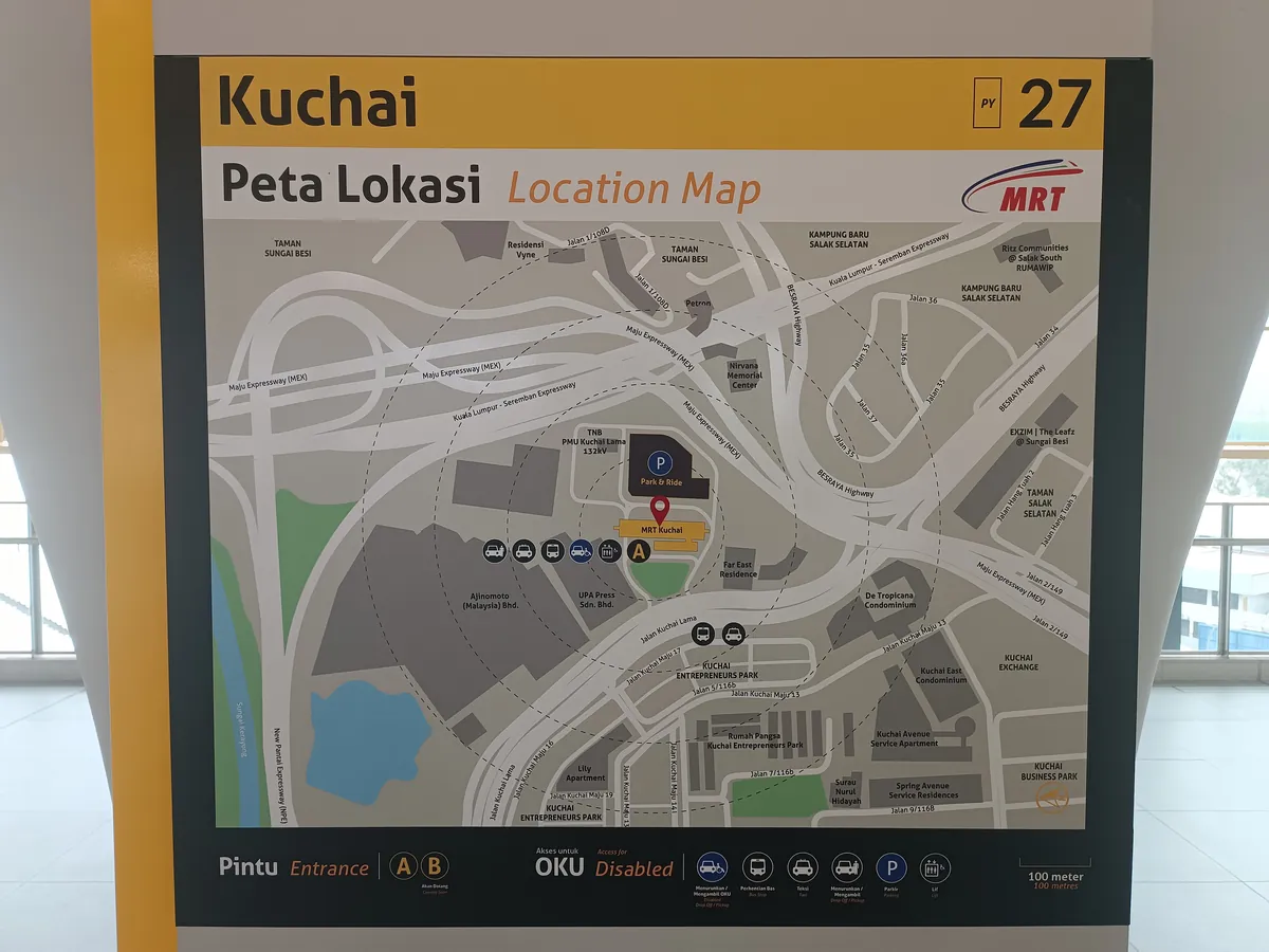 Kuchai MRT station location map: Entrance A, park and ride, Far East Residence, the Ajinomoto factory, MEX and the KL–Seremban Expressway